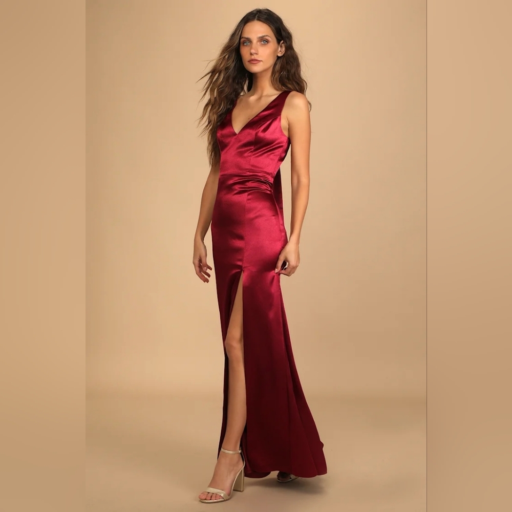 Lulu's Forever Special Burgundy Satin Sleeveless Tie-Back V-neck Maxi Dress- M - Picture 3 of 14
